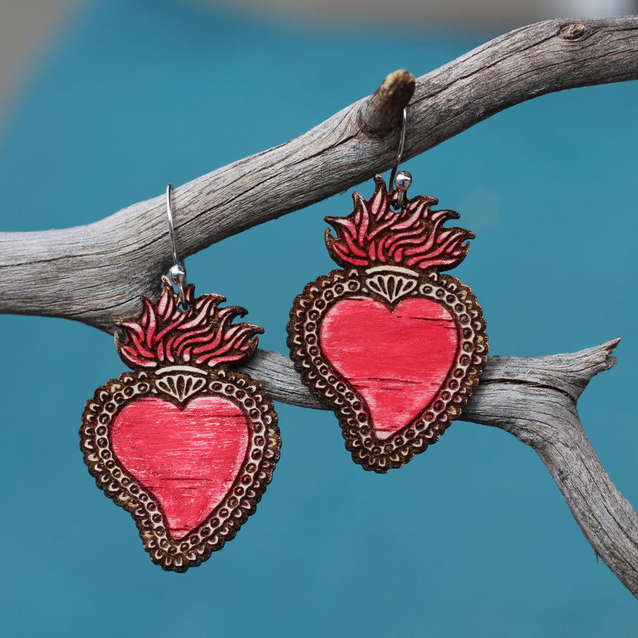 Sacred Heart Earrings in Rustic Red